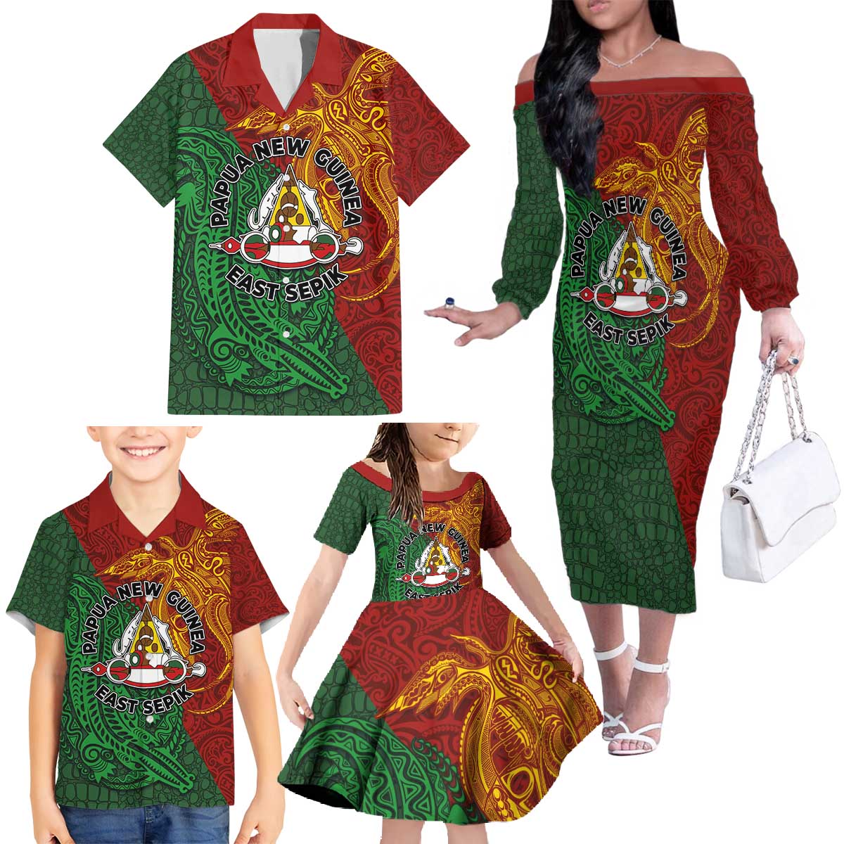 Papua New Guinea East Sepik Province Family Matching Off The Shoulder Long Sleeve Dress and Hawaiian Shirt Tribal Crocodile Birds of Paradise Melanesian Tattoo