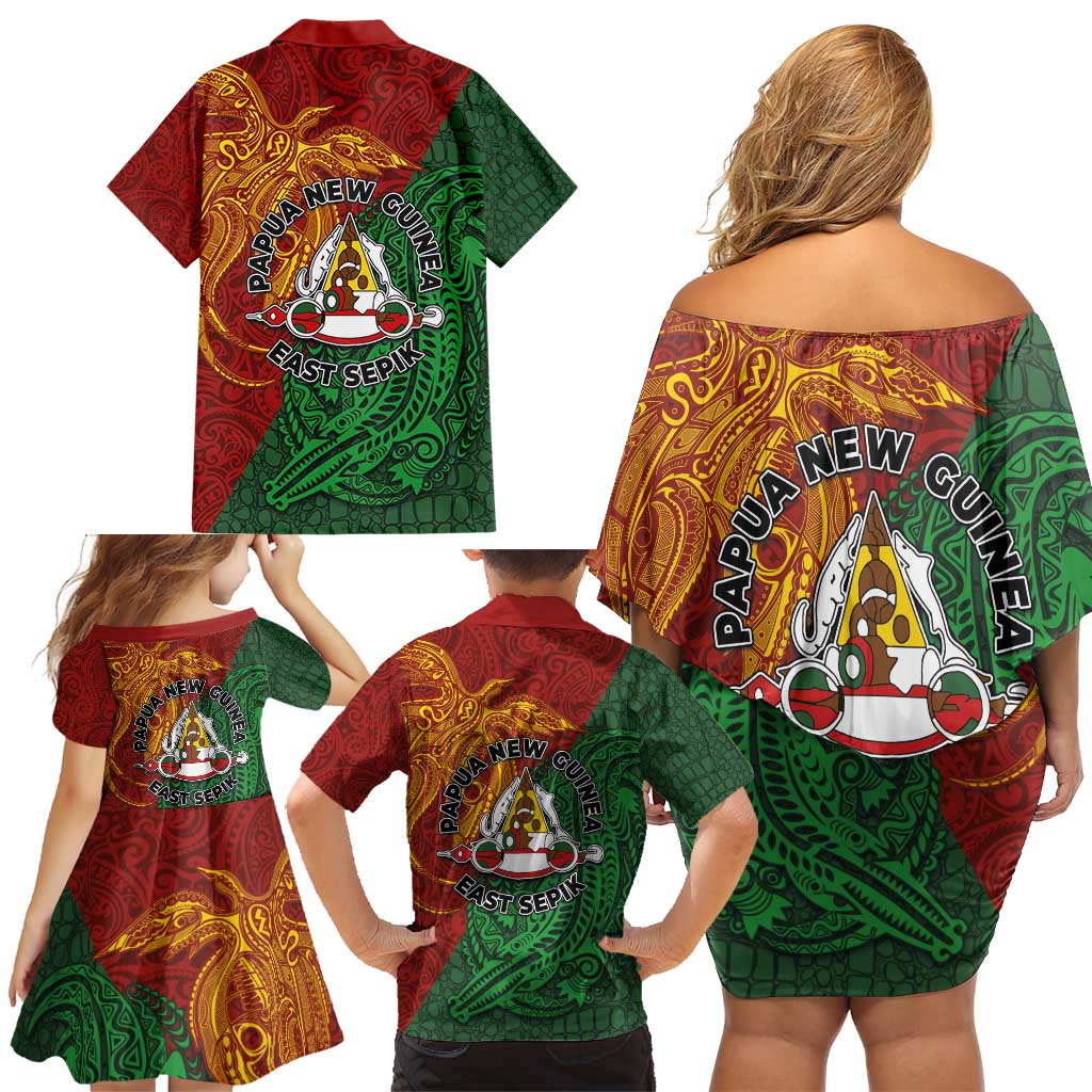 Papua New Guinea East Sepik Province Family Matching Off Shoulder Short Dress and Hawaiian Shirt Tribal Crocodile Birds of Paradise Melanesian Tattoo