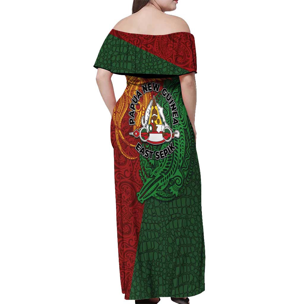 Papua New Guinea East Sepik Province Off Shoulder Maxi Dress Tribal Crocodile Birds of Paradise Melanesian Tattoo