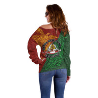 Papua New Guinea East Sepik Province Off Shoulder Sweater Tribal Crocodile Birds of Paradise Melanesian Tattoo