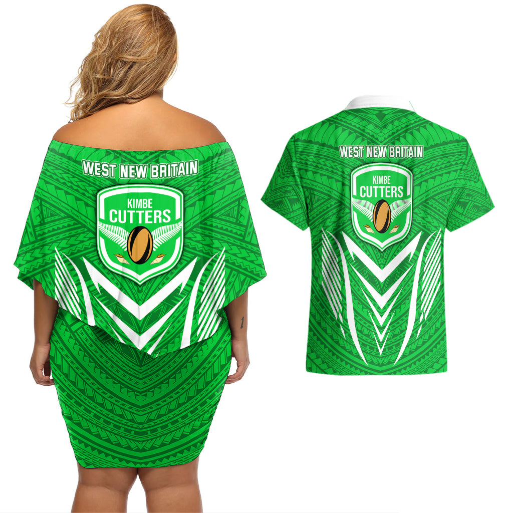 Kimbe Cutters Rugby Couples Matching Off Shoulder Short Dress and Hawaiian Shirt Papua New Guinea Polynesian Tattoo Green Version LT03 - Polynesian Pride