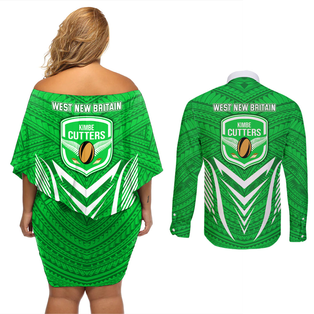 Kimbe Cutters Rugby Couples Matching Off Shoulder Short Dress and Long Sleeve Button Shirts Papua New Guinea Polynesian Tattoo Green Version LT03 - Polynesian Pride