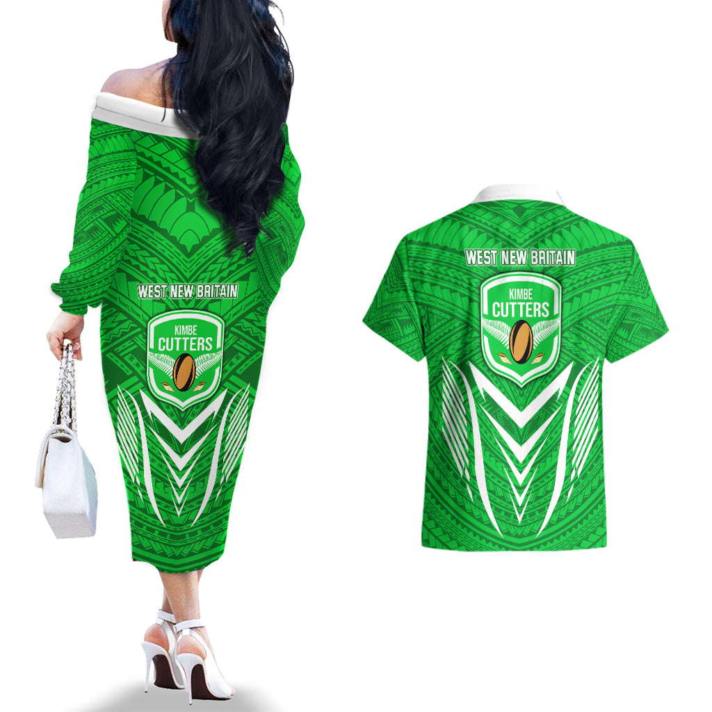 Kimbe Cutters Rugby Couples Matching Off The Shoulder Long Sleeve Dress and Hawaiian Shirt Papua New Guinea Polynesian Tattoo Green Version LT03 - Polynesian Pride