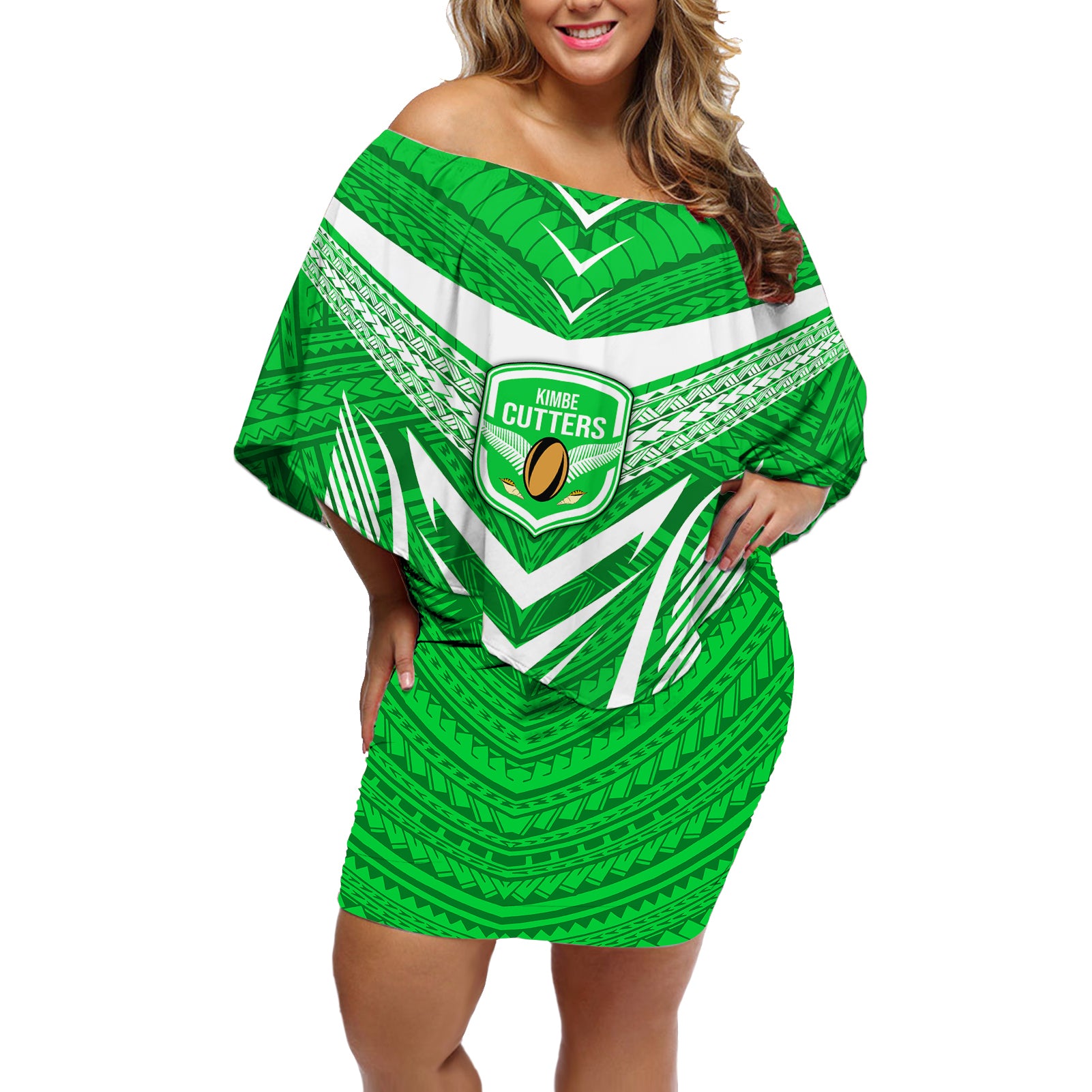 Kimbe Cutters Rugby Off Shoulder Short Dress Papua New Guinea Polynesian Tattoo Green Version LT03 Women Green - Polynesian Pride