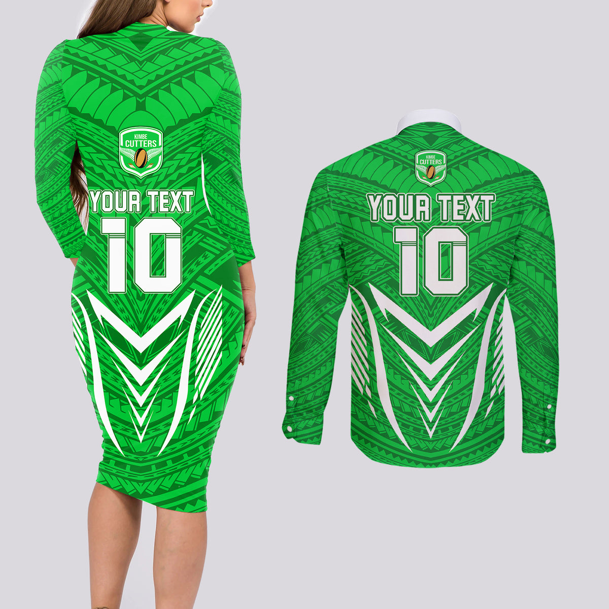 Custom Kimbe Cutters Rugby Couples Matching Long Sleeve Bodycon Dress and Long Sleeve Button Shirts Papua New Guinea Polynesian Tattoo Green Version LT03 - Polynesian Pride