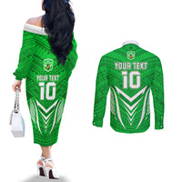 Custom Kimbe Cutters Rugby Couples Matching Off The Shoulder Long Sleeve Dress and Long Sleeve Button Shirts Papua New Guinea Polynesian Tattoo Green Version LT03 - Polynesian Pride