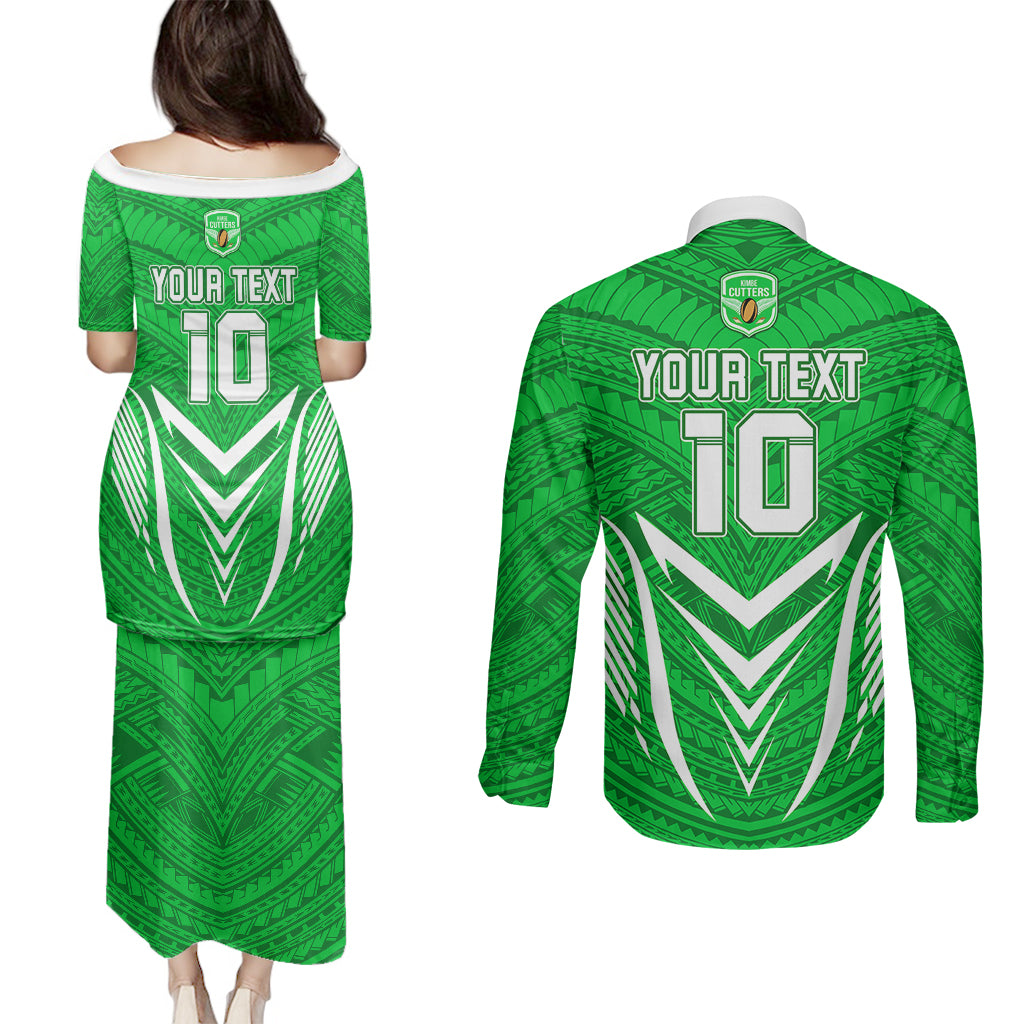 Custom Kimbe Cutters Rugby Couples Matching Puletasi Dress and Long Sleeve Button Shirts Papua New Guinea Polynesian Tattoo Green Version LT03 - Polynesian Pride