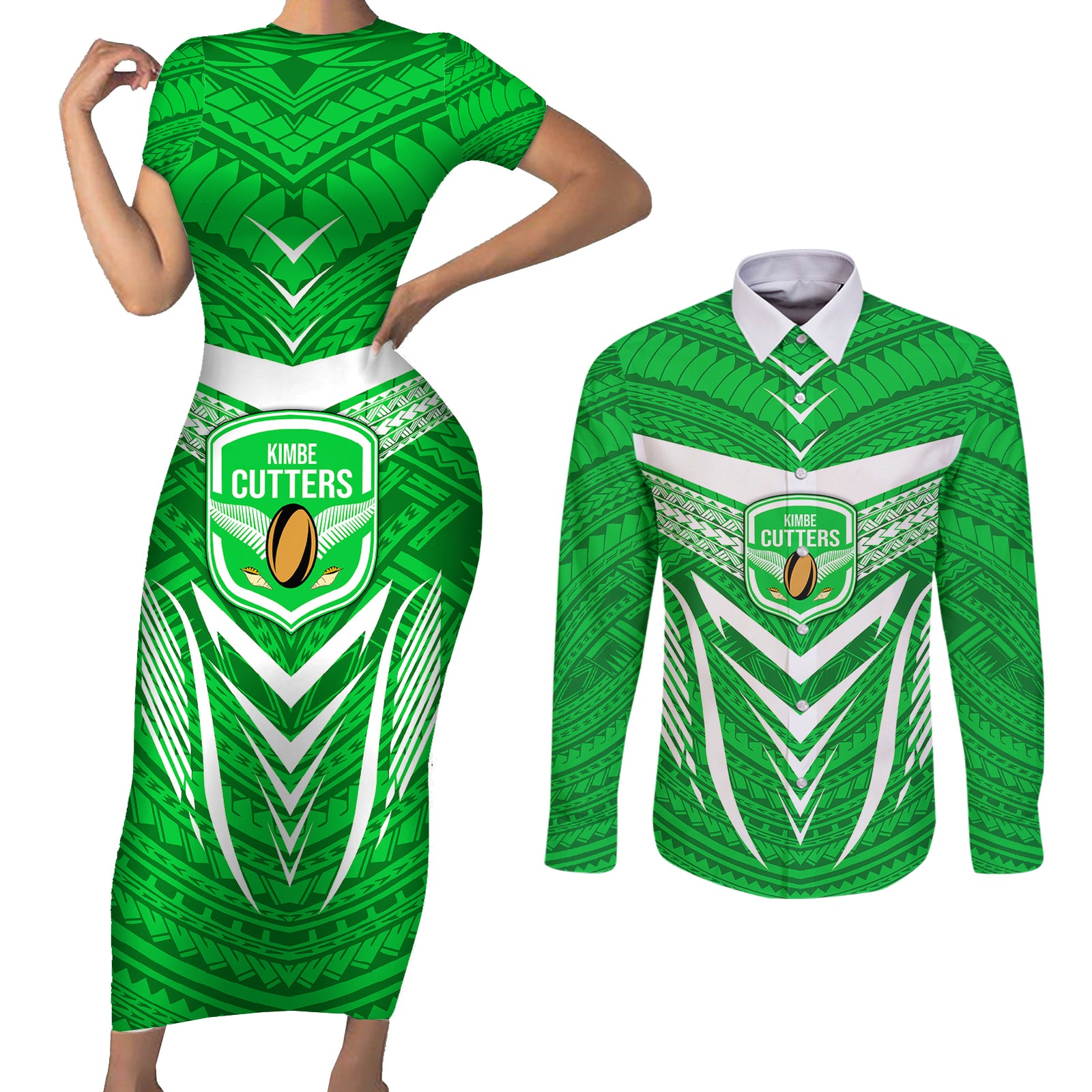 Custom Kimbe Cutters Rugby Couples Matching Short Sleeve Bodycon Dress and Long Sleeve Button Shirts Papua New Guinea Polynesian Tattoo Green Version LT03 Green - Polynesian Pride