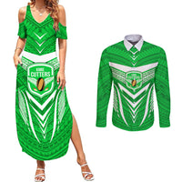 Custom Kimbe Cutters Rugby Couples Matching Summer Maxi Dress and Long Sleeve Button Shirts Papua New Guinea Polynesian Tattoo Green Version LT03 Green - Polynesian Pride