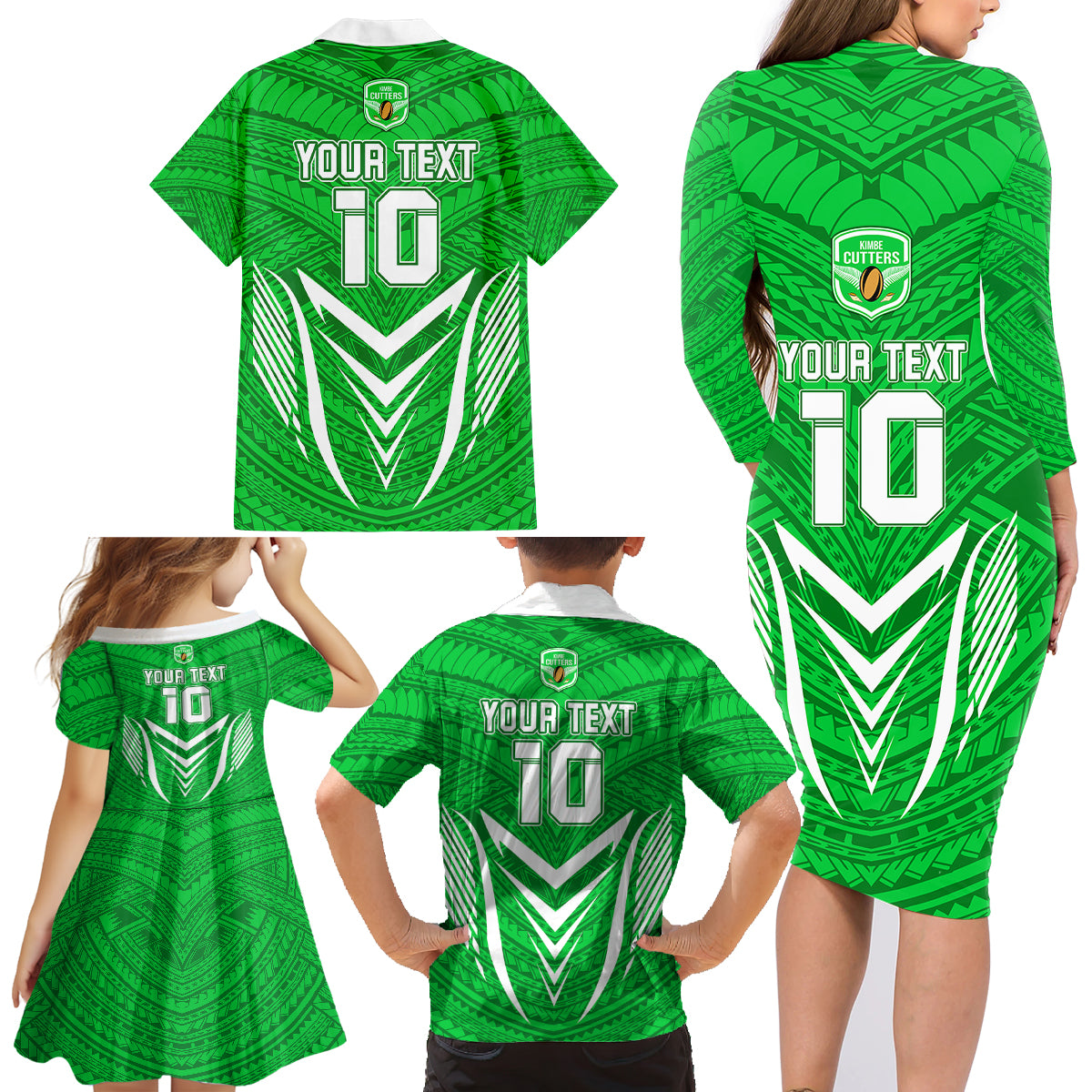 Custom Kimbe Cutters Rugby Family Matching Long Sleeve Bodycon Dress and Hawaiian Shirt Papua New Guinea Polynesian Tattoo Green Version LT03 - Polynesian Pride