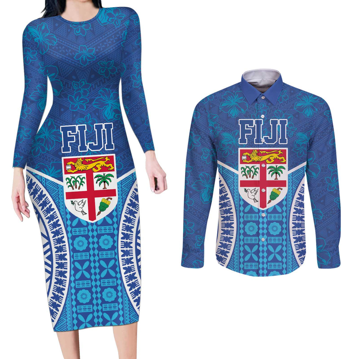Fiji Day Couples Matching Long Sleeve Bodycon Dress and Long Sleeve Button Shirt Fijian Masi Tribal Hibiscus Tattoo and Tapa Pattern LT03 Blue - Polynesian Pride