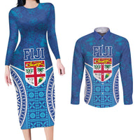 Fiji Day Couples Matching Long Sleeve Bodycon Dress and Long Sleeve Button Shirt Fijian Masi Tribal Hibiscus Tattoo and Tapa Pattern LT03 Blue - Polynesian Pride
