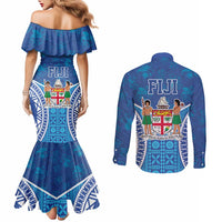 Fiji Day Couples Matching Mermaid Dress and Long Sleeve Button Shirt Fijian Masi Tribal Hibiscus Tattoo and Tapa Pattern LT03 - Polynesian Pride