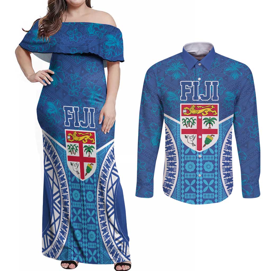 Fiji Day Couples Matching Off Shoulder Maxi Dress and Long Sleeve Button Shirt Fijian Masi Tribal Hibiscus Tattoo and Tapa Pattern LT03 Blue - Polynesian Pride