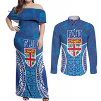 Fiji Day Couples Matching Off Shoulder Maxi Dress and Long Sleeve Button Shirt Fijian Masi Tribal Hibiscus Tattoo and Tapa Pattern LT03 Blue - Polynesian Pride