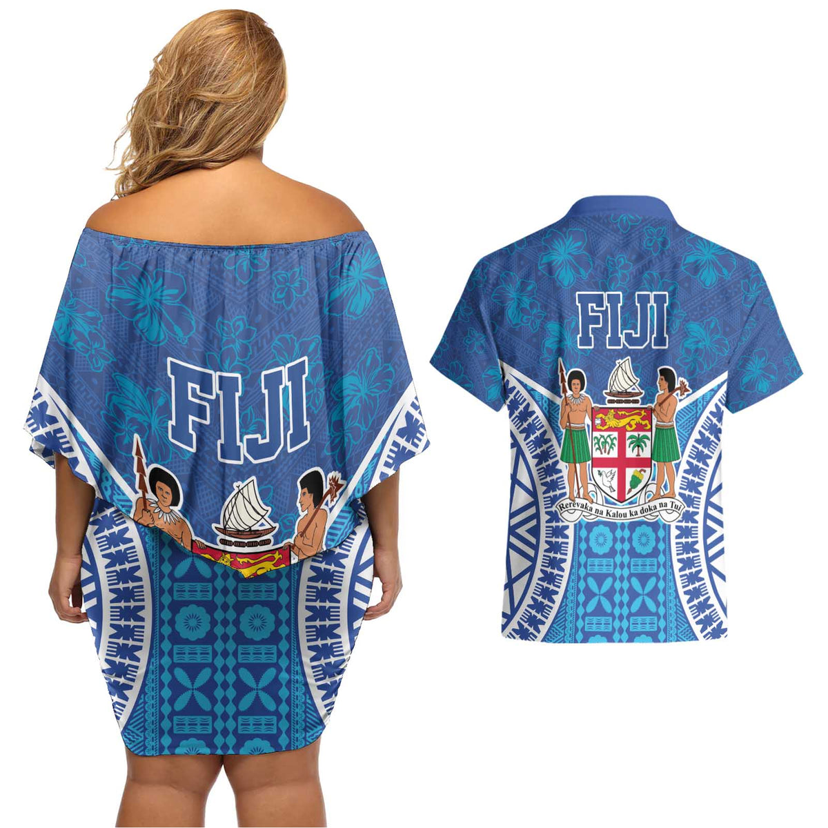 Fiji Day Couples Matching Off Shoulder Short Dress and Hawaiian Shirt Fijian Masi Tribal Hibiscus Tattoo and Tapa Pattern LT03 - Polynesian Pride