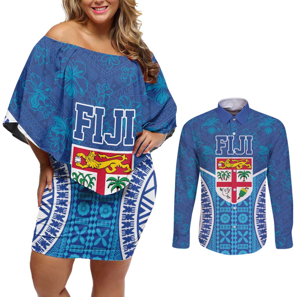 Fiji Day Couples Matching Off Shoulder Short Dress and Long Sleeve Button Shirt Fijian Masi Tribal Hibiscus Tattoo and Tapa Pattern