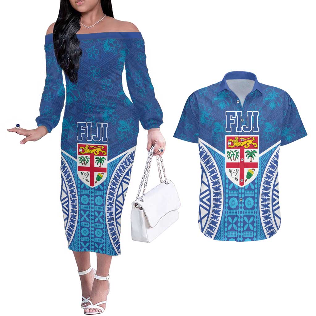 Fiji Day Couples Matching Off The Shoulder Long Sleeve Dress and Hawaiian Shirt Fijian Masi Tribal Hibiscus Tattoo and Tapa Pattern