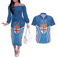 Fiji Day Couples Matching Off The Shoulder Long Sleeve Dress and Hawaiian Shirt Fijian Masi Tribal Hibiscus Tattoo and Tapa Pattern