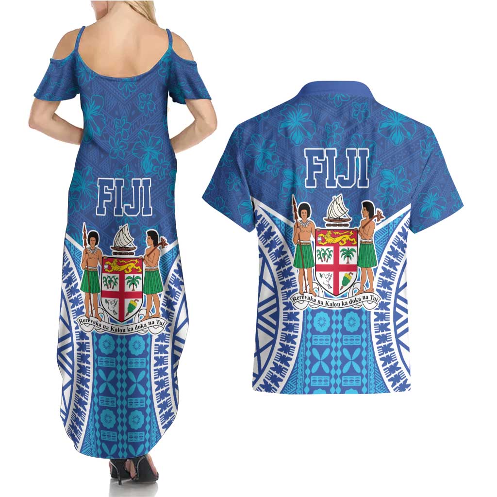 Fiji Day Couples Matching Summer Maxi Dress and Hawaiian Shirt Fijian Masi Tribal Hibiscus Tattoo and Tapa Pattern LT03 - Polynesian Pride