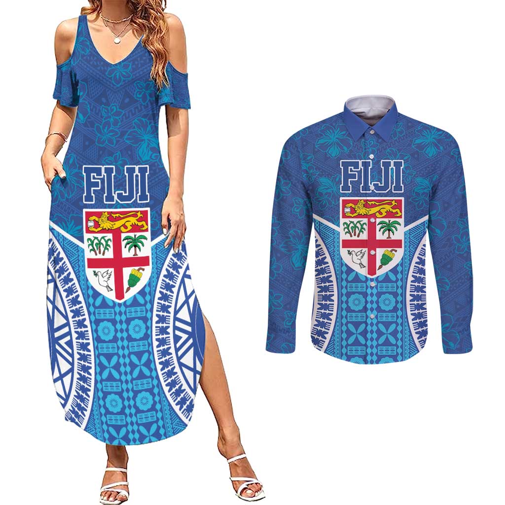 Fiji Day Couples Matching Summer Maxi Dress and Long Sleeve Button Shirt Fijian Masi Tribal Hibiscus Tattoo and Tapa Pattern LT03 Blue - Polynesian Pride