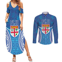 Fiji Day Couples Matching Summer Maxi Dress and Long Sleeve Button Shirt Fijian Masi Tribal Hibiscus Tattoo and Tapa Pattern LT03 Blue - Polynesian Pride