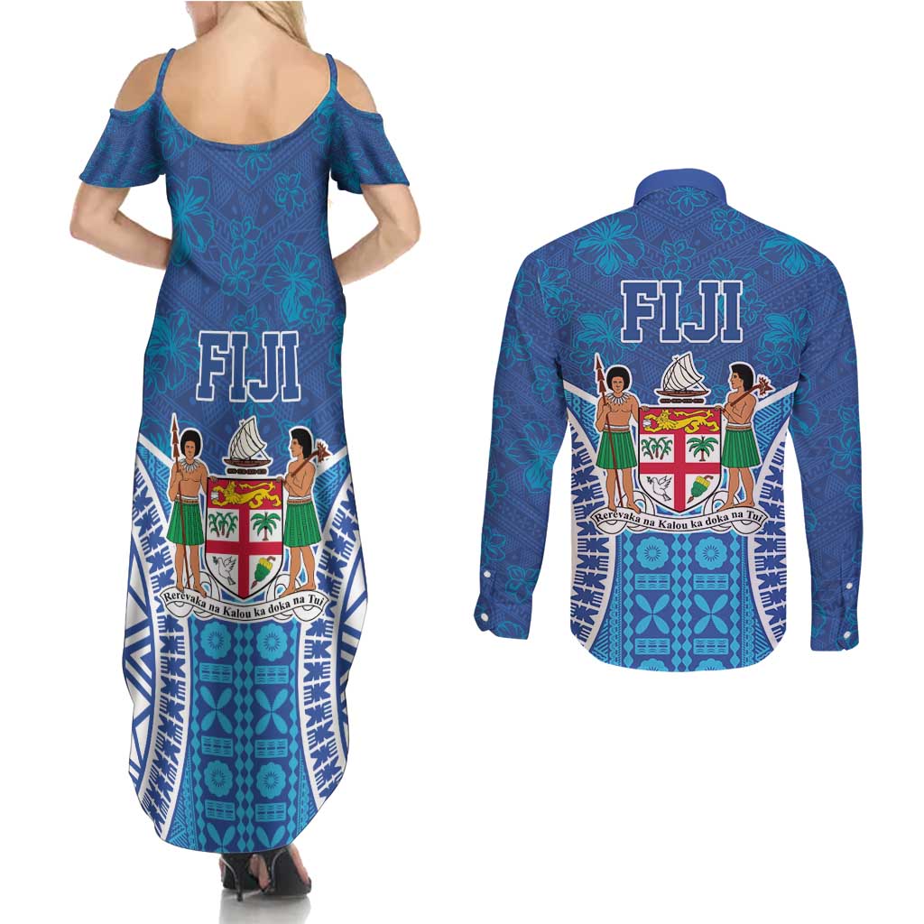Fiji Day Couples Matching Summer Maxi Dress and Long Sleeve Button Shirt Fijian Masi Tribal Hibiscus Tattoo and Tapa Pattern LT03 - Polynesian Pride
