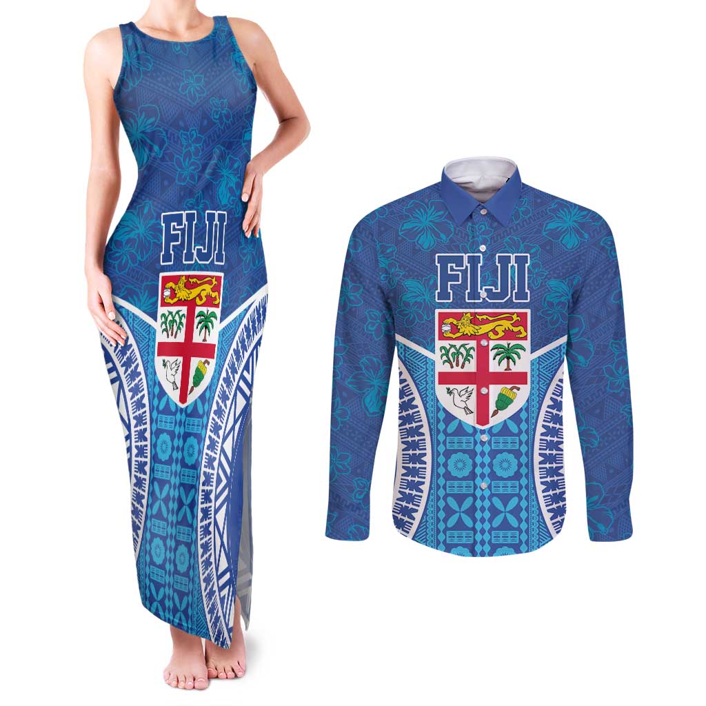 Fiji Day Couples Matching Tank Maxi Dress and Long Sleeve Button Shirt Fijian Masi Tribal Hibiscus Tattoo and Tapa Pattern LT03 Blue - Polynesian Pride