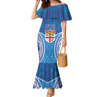Fiji Day Family Matching Mermaid Dress and Hawaiian Shirt Fijian Masi Tribal Hibiscus Tattoo and Tapa Pattern LT03 Mom's Dress Blue - Polynesian Pride