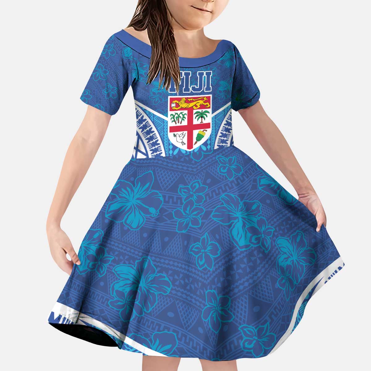 Fiji Day Family Matching Puletasi and Hawaiian Shirt Fijian Masi Tribal Hibiscus Tattoo and Tapa Pattern LT03 Daughter's Dress Blue - Polynesian Pride