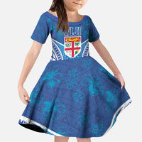 Fiji Day Family Matching Puletasi and Hawaiian Shirt Fijian Masi Tribal Hibiscus Tattoo and Tapa Pattern LT03 Daughter's Dress Blue - Polynesian Pride