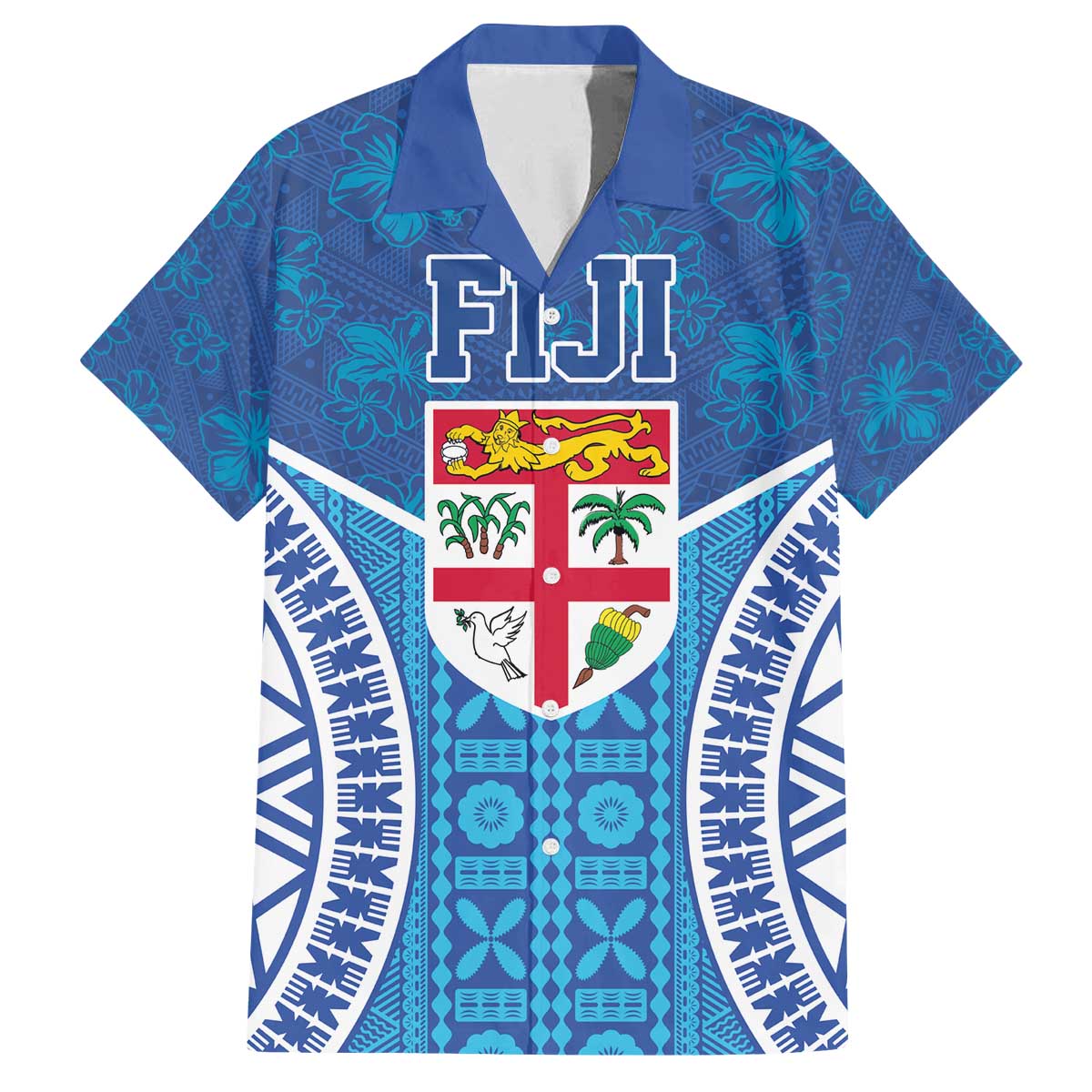 Fiji Day Family Matching Puletasi and Hawaiian Shirt Fijian Masi Tribal Hibiscus Tattoo and Tapa Pattern LT03 Dad's Shirt - Short Sleeve Blue - Polynesian Pride
