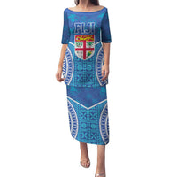Fiji Day Family Matching Puletasi and Hawaiian Shirt Fijian Masi Tribal Hibiscus Tattoo and Tapa Pattern LT03 Mom's Dress Blue - Polynesian Pride