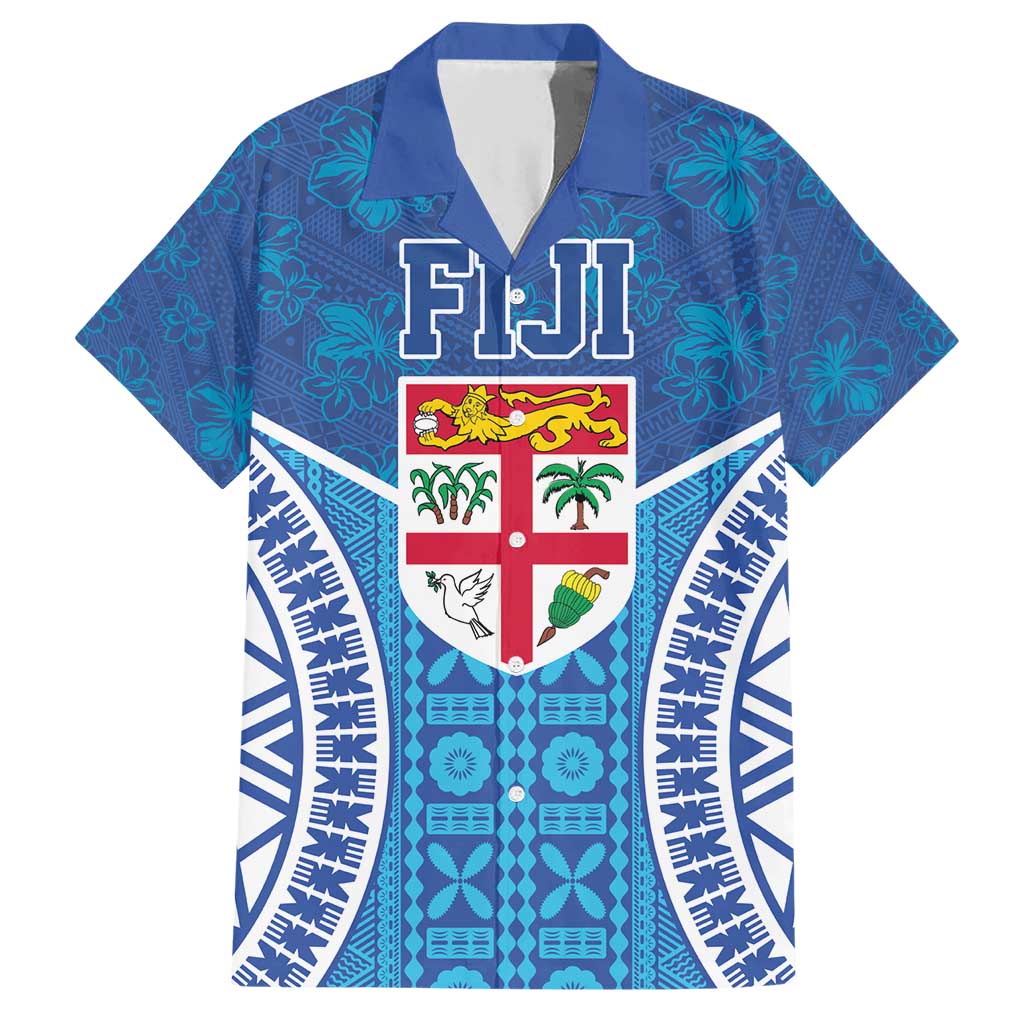 Fiji Day Family Matching Short Sleeve Bodycon Dress and Hawaiian Shirt Fijian Masi Tribal Hibiscus Tattoo and Tapa Pattern LT03 Dad's Shirt - Short Sleeve Blue - Polynesian Pride