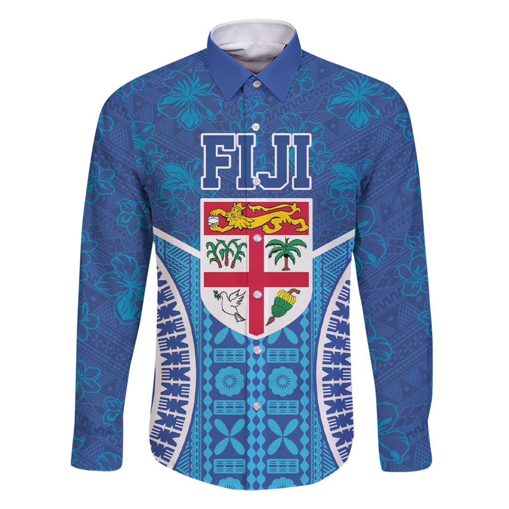 Fiji Day Family Matching Short Sleeve Bodycon Dress and Hawaiian Shirt Fijian Masi Tribal Hibiscus Tattoo and Tapa Pattern LT03 Dad's Shirt - Long Sleeve Blue - Polynesian Pride
