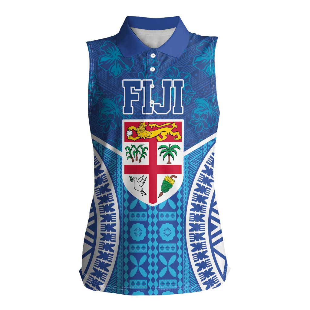 Fiji Day Women Sleeveless Polo Shirt Fijian Masi Tribal Hibiscus Tattoo and Tapa Pattern LT03 Female Blue - Polynesian Pride
