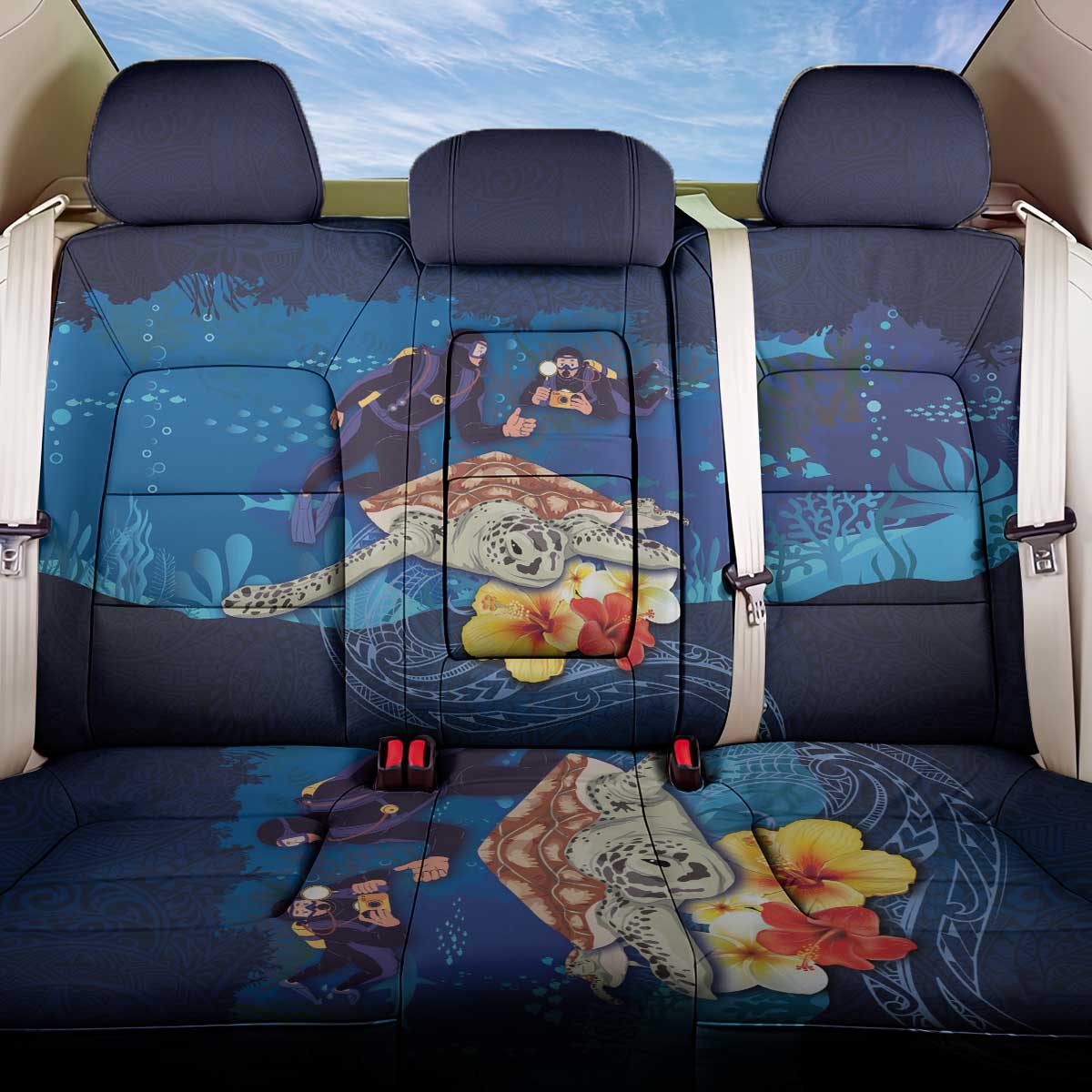 Polynesian Scuba Diving Back Car Seat Cover Honu with Hibiscus and Plumeria Flower and Tapa Tribal Pattern