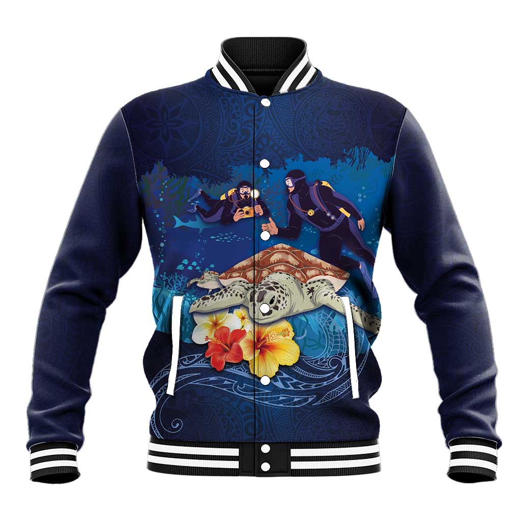 Polynesian Scuba Diving Baseball Jacket Honu with Hibiscus and Plumeria Flower and Tapa Tribal Pattern