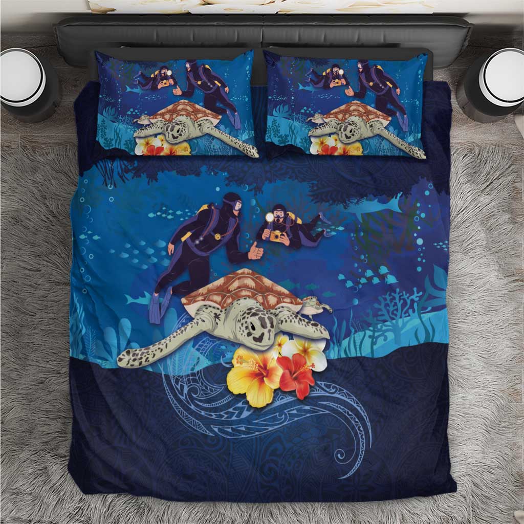 Polynesian Scuba Diving Bedding Set Honu with Hibiscus and Plumeria Flower and Tapa Tribal Pattern