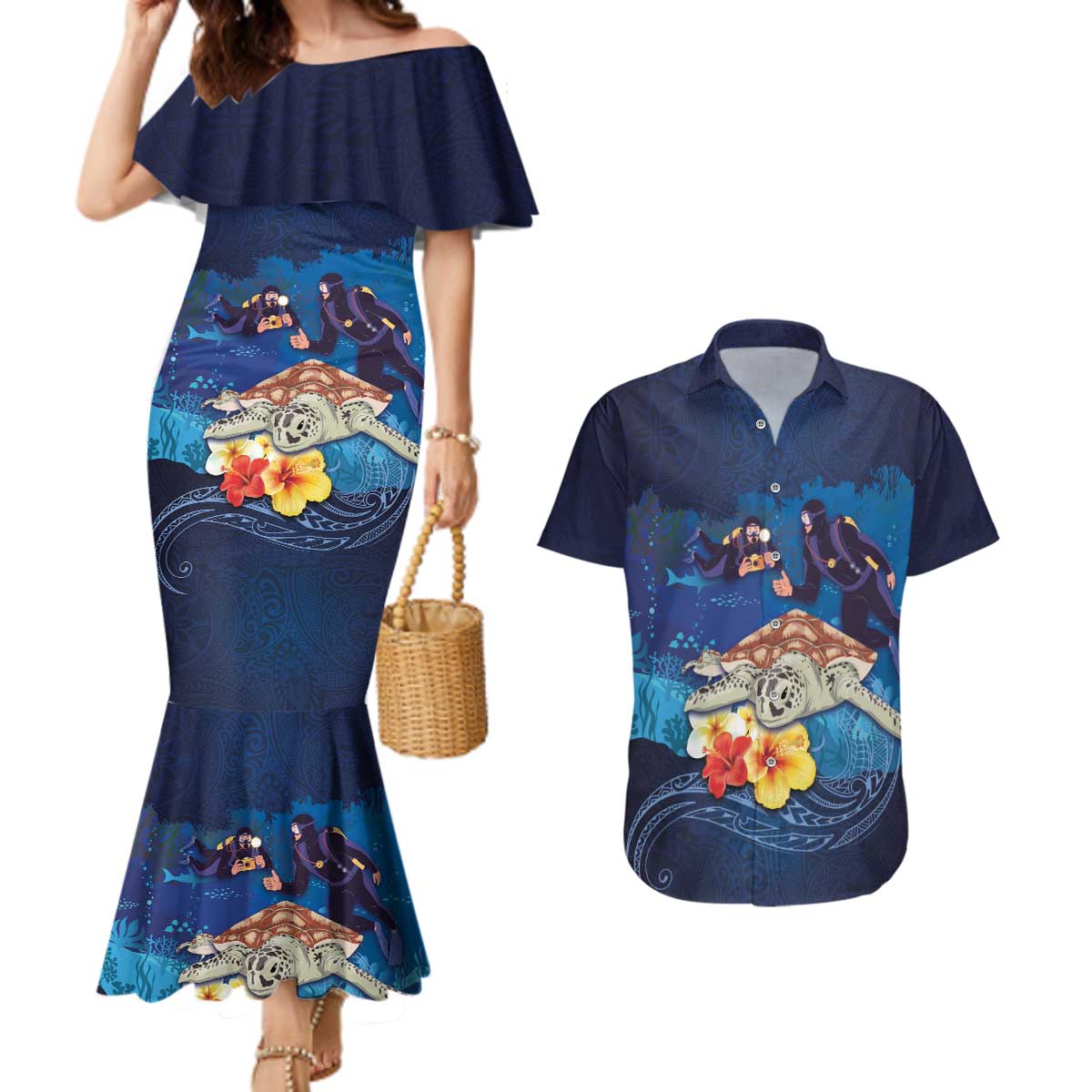 Polynesian Scuba Diving Couples Matching Mermaid Dress and Hawaiian Shirt Honu with Hibiscus and Plumeria Flower and Tapa Tribal Pattern LT03 Blue - Polynesian Pride