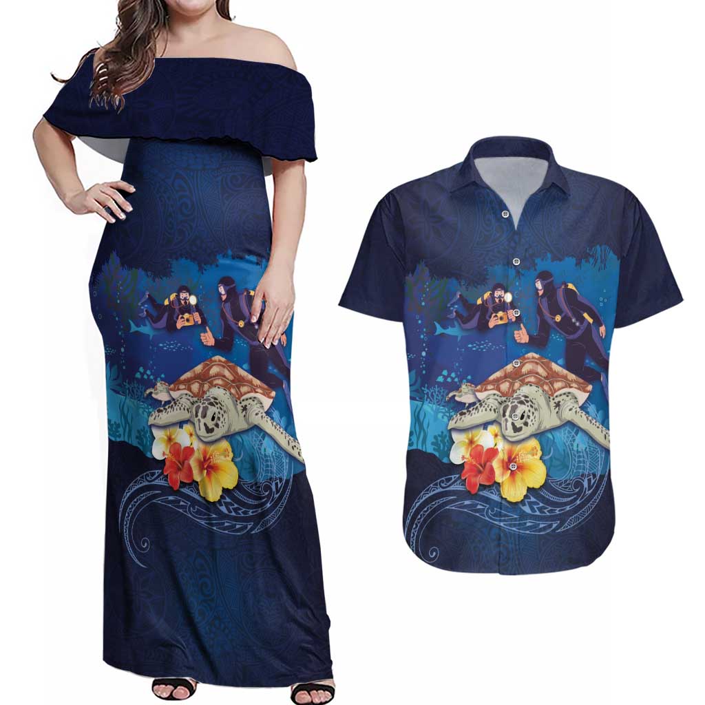 Polynesian Scuba Diving Couples Matching Off Shoulder Maxi Dress and Hawaiian Shirt Honu with Hibiscus and Plumeria Flower and Tapa Tribal Pattern