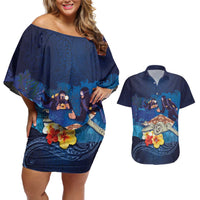 Polynesian Scuba Diving Couples Matching Off Shoulder Short Dress and Hawaiian Shirt Honu with Hibiscus and Plumeria Flower and Tapa Tribal Pattern LT03 Blue - Polynesian Pride