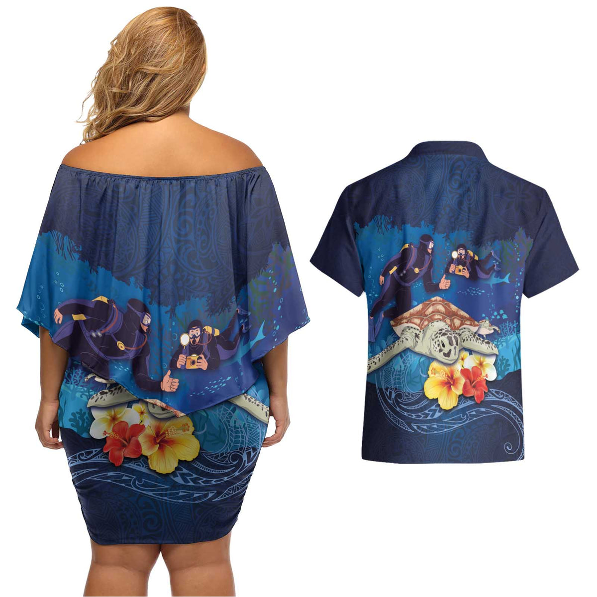 Polynesian Scuba Diving Couples Matching Off Shoulder Short Dress and Hawaiian Shirt Honu with Hibiscus and Plumeria Flower and Tapa Tribal Pattern LT03 - Polynesian Pride