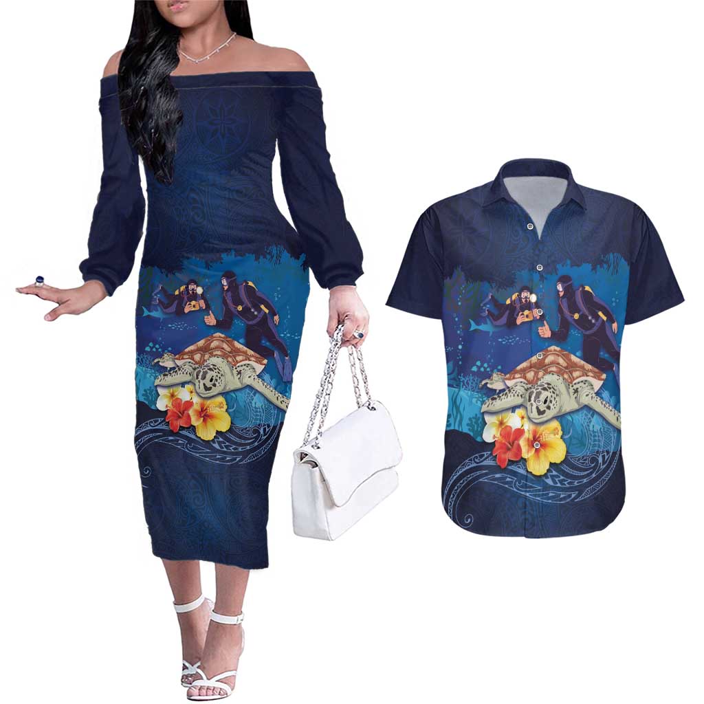 Polynesian Scuba Diving Couples Matching Off The Shoulder Long Sleeve Dress and Hawaiian Shirt Honu with Hibiscus and Plumeria Flower and Tapa Tribal Pattern