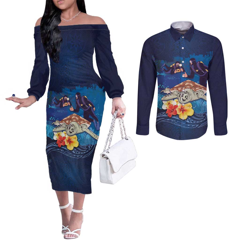 Polynesian Scuba Diving Couples Matching Off The Shoulder Long Sleeve Dress and Long Sleeve Button Shirt Honu with Hibiscus and Plumeria Flower and Tapa Tribal Pattern