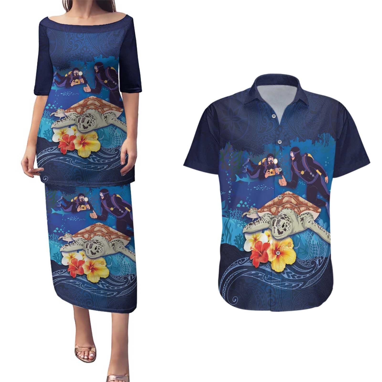 Polynesian Scuba Diving Couples Matching Puletasi and Hawaiian Shirt Honu with Hibiscus and Plumeria Flower and Tapa Tribal Pattern
