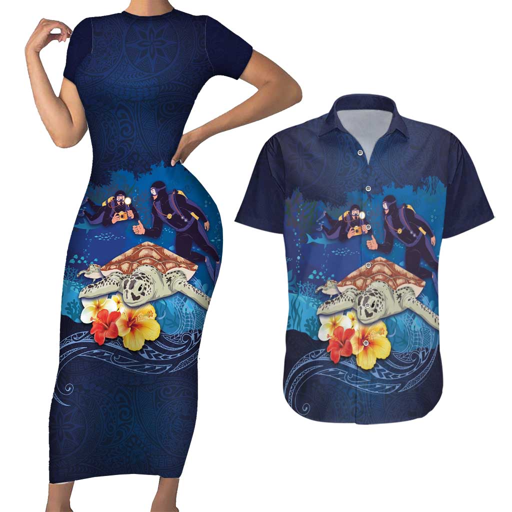 Polynesian Scuba Diving Couples Matching Short Sleeve Bodycon Dress and Hawaiian Shirt Honu with Hibiscus and Plumeria Flower and Tapa Tribal Pattern