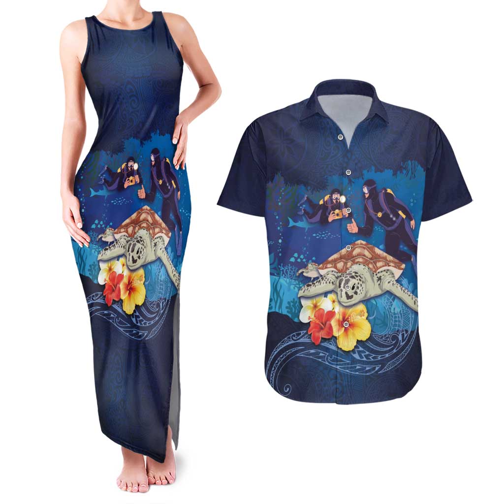 Polynesian Scuba Diving Couples Matching Tank Maxi Dress and Hawaiian Shirt Honu with Hibiscus and Plumeria Flower and Tapa Tribal Pattern LT03 Blue - Polynesian Pride