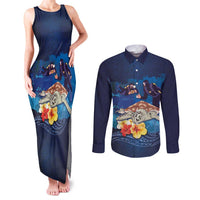 Polynesian Scuba Diving Couples Matching Tank Maxi Dress and Long Sleeve Button Shirt Honu with Hibiscus and Plumeria Flower and Tapa Tribal Pattern LT03 Blue - Polynesian Pride