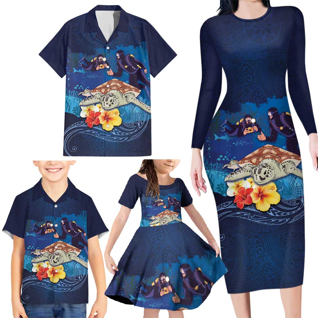 Polynesian Scuba Diving Family Matching Long Sleeve Bodycon Dress and Hawaiian Shirt Honu with Hibiscus and Plumeria Flower and Tapa Tribal Pattern LT03 - Polynesian Pride